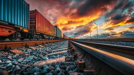 A freight train runs along the train tracks under a cloudy sky, showcasing the detailed design of the locomotive - obrazy, fototapety, plakaty