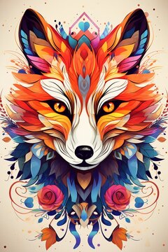 Whimsical kawaii fox with digital geometric patterns