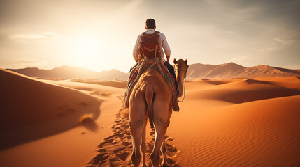 Back view of a young man riding a camel through the dunes in the desert