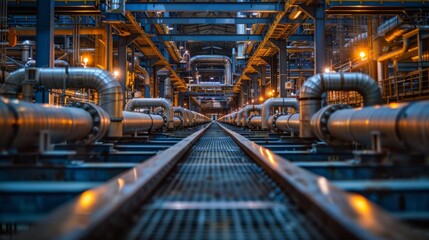 An industrial interior with a long walkway and pipes