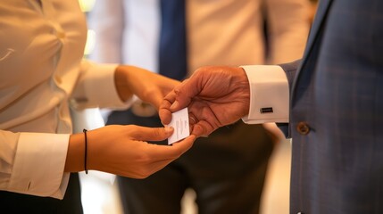 A man and a woman in business attire exchanging a piece of paper, focusing on their hands in a gesturing motion - Powered by Adobe