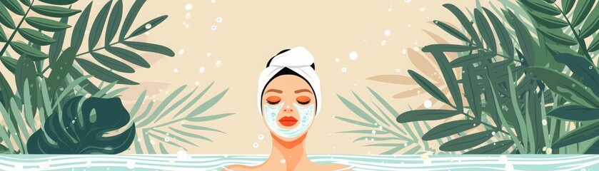 Woman in a spa with a refreshing facial mask, surrounded by tropical plants, enjoying a peaceful pampering session.