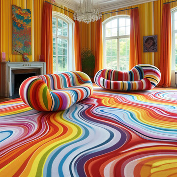 psychedelic interior design of carpet, couch with rainbow colored stripes