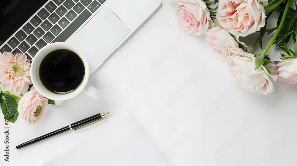 Aufkleber white desk with laptop blank notepad flower coffee cup and pen flat lay top view copy space : genera