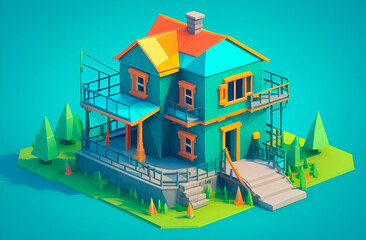 Layout of two-story house 3d with railings, balconies. Summer cottage in turquoise and orange colors