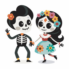 Fototapeta premium Couple of Mexican skeletons in costumes dance and play music on Day of Dead, Dia de los Muertos