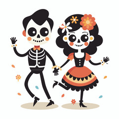 Couple of Mexican skeletons in costumes dance and play music on Day of Dead, Dia de los Muertos