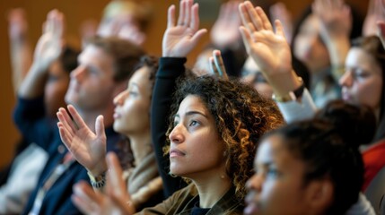 A diverse group of people with their hands raised in enthusiasm at a seminar