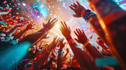 Colorful festivalgoers jumping in unison with hands raised amidst neon lights and confetti at a...