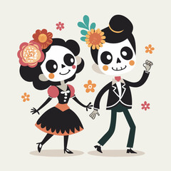 Couple of Mexican skeletons in costumes dance and play music on Day of Dead, Dia de los Muertos