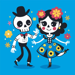 Fototapeta premium Couple of Mexican skeletons in costumes dance and play music on Day of Dead, Dia de los Muertos