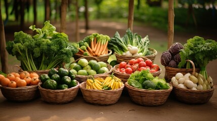 A vibrant collection of baskets filled with a variety of fresh vegetables