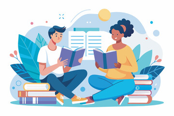 Modern flat vector illustration concept of man and woman reading books, Education concept for banner