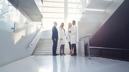 Business people and doctors on landing of stairs : Generative AI