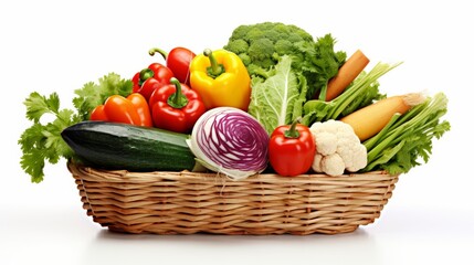 A basket overflowing with a vibrant assortment of fresh vegetables of various shapes, sizes, and colors