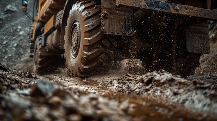 Fototapeta na wymiar A rugged truck dominates the frame as it drives through a muddy road in this dynamic low-angle shot
