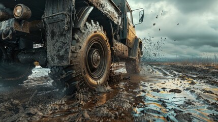 A rugged truck navigating through a muddy field, dominating the terrain with its powerful presence