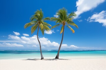 Two palm trees on a white sand beach with turquoise ocean water and blue sky