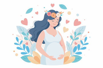 Pregnant woman tenderly holding her belly, Mother Care Positive Emotion isolated on white background