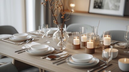 A high-angle shot showcasing a dining table set with minimalist design, complete with place settings and candles