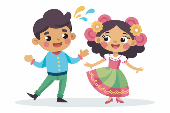 Mexican cute couple traditional costume cartoon boy and girl dance, Couple of Mexican dancers