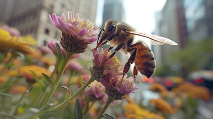 Bee delicately collects nectar from colorful flowers in bustling city street