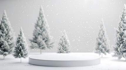 White podium with fir trees and falling snow Display for winter holidays New Year and Christmas product presentation : Generative AI