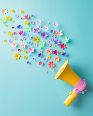 Yellow megaphone with colorful small flowers flying out of it on light blue background. Flat lay. Minimal spring concept. Spring and love greeting card