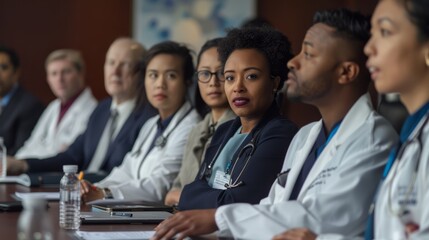 A diverse group of medical professionals deeply engrossed in a discussion while seated around a conference table - Powered by Adobe
