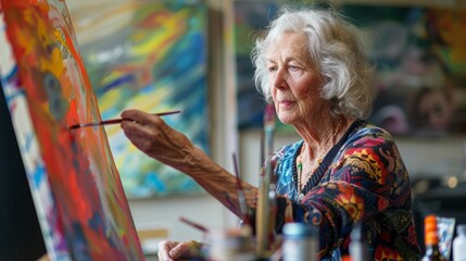 An older woman focused on painting on a canvas