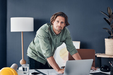 Businessman, architect and portrait with laptop in office for remodeling ideas and building design...
