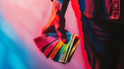 A mans hand holding a stack of magazines against a plain background