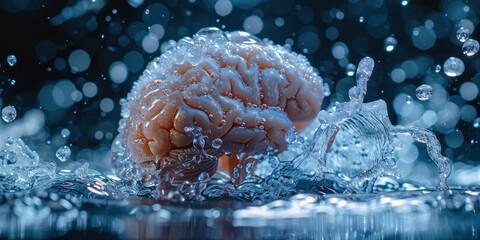 Brain submerged in water with droplets falling from above creating a serene and abstract scene