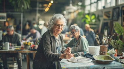An elderly woman is seated at a table, with a plate of food in front of her - obrazy, fototapety, plakaty