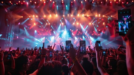A wide-angle shot capturing a crowd of people holding up their cell phones at a live concert, creating a vibrant atmosphere - obrazy, fototapety, plakaty