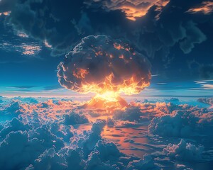 Dramatic depiction of a nuclear mushroom cloud, intense colors, realistic detail, 