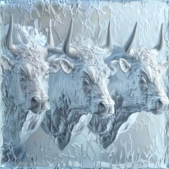 Frosted glass sculpture of bull heads and horns, detailed texture, translucent effect, 