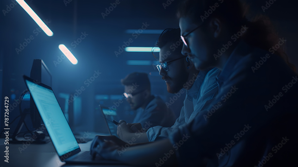 Poster Side view portrait of two software developers using laptop together while working on project in IT company office copy space : Generative AI