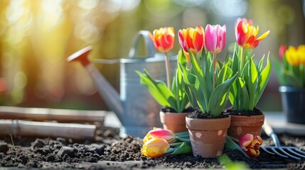 flowerpots of tulips, spring flower season