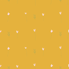 Delicate pink flowers on a yellow background. Seamless pattern. Vector illustration in modern style.