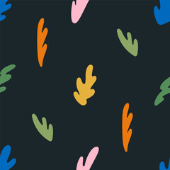 Multicolored leaves on a black background. Seamless pattern for prints. Vector illustration in flat modern style.