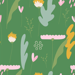 Delicate spring and summer flowers on a green background. Seamless pattern. Vector illustration in modern style.