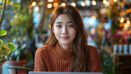 Obraz premium Focused Asian professional in a virtual negotiation from a coffee shop