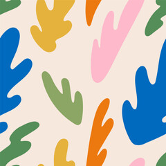 Multicolored leaves on a beige background. Seamless pattern for prints. Groove concept. Vector illustration in flat modern style.