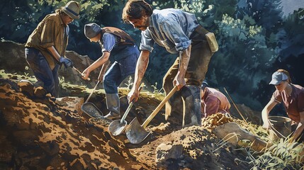 Archaeologists at fieldwork, digging site, tools in hand, focused activity,  - obrazy, fototapety, plakaty