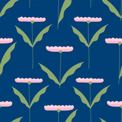 Delicate pink flowers on a blue background. Seamless pattern for prints. Groove concept. Vector illustration in flat modern style.