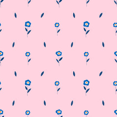 Blue flowers, cornflowers on a pink background. Seamless pattern for prints. Vector illustration in flat modern style.