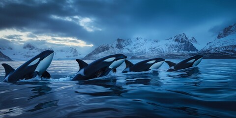 Dynamic image capturing a family of orcas as they glide through cold ocean waters with mountains in the background - obrazy, fototapety, plakaty