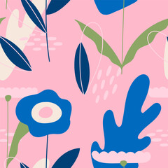 Cute spring and summer flowers on a pink background. Seamless pattern. Vector illustration in modern style.