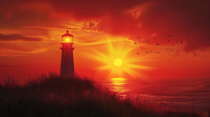 Fototapeta premium A lighthouse silhouetted against a stunning scarlet crimson sunset.